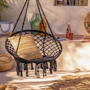 Hamac rond Bahli noir avec franges