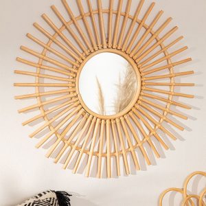 Miroir mural rond en rotin